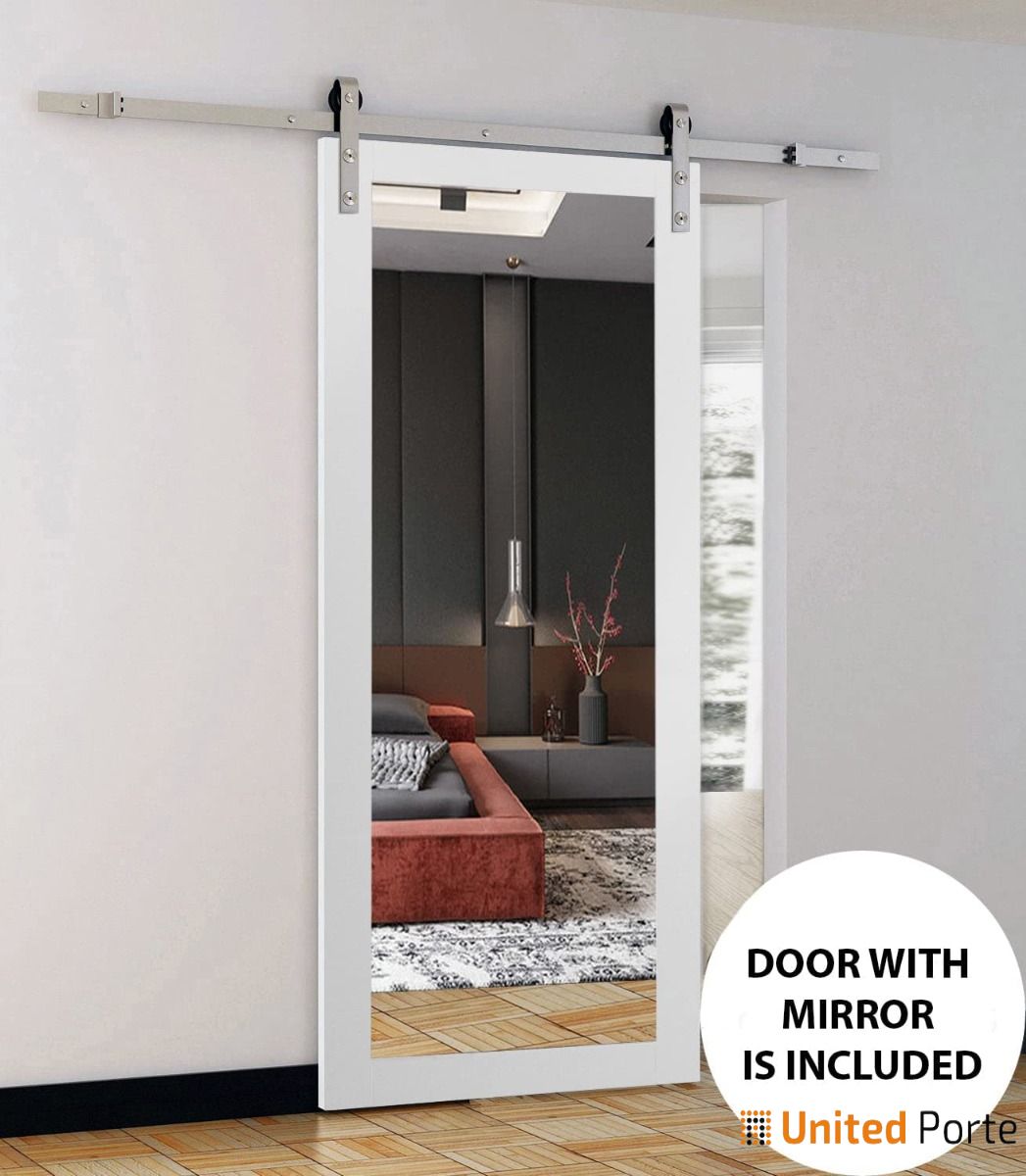 Lucia 1299 Matte White Barn Door with Mirror Glass and Silver Finish Rail