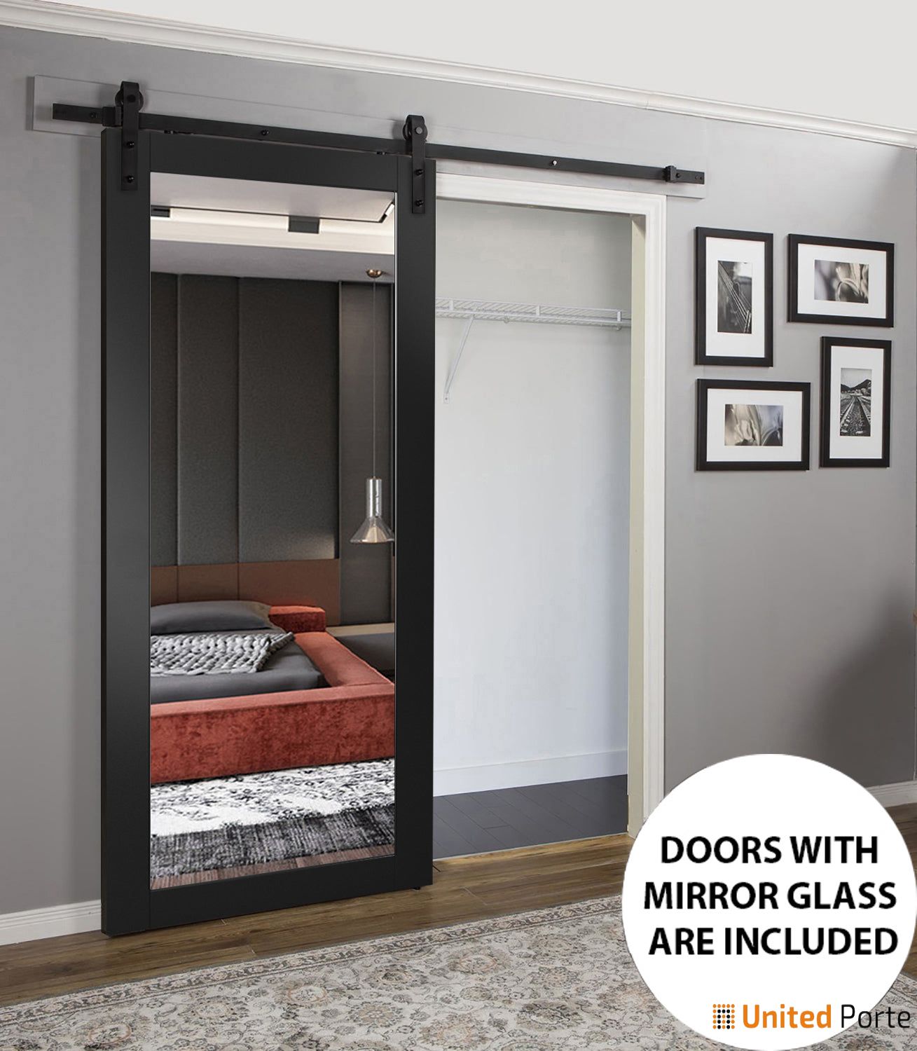 Lucia 1299 Matte Black Barn Door with Mirror Glass and Black Rail