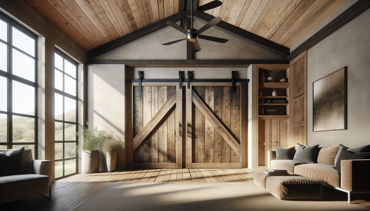 beautiful room with a barn door and ceiling fan
