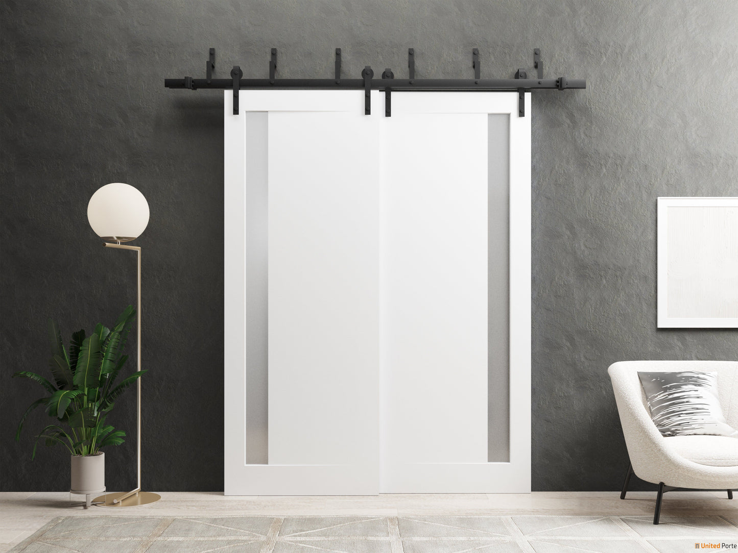 Planum 0660 Painted White Double Barn Door with Frosted Glass and Black Bypass Rail