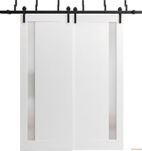 Load image into Gallery viewer, Planum 0660 Painted White Double Barn Door with Frosted Glass and Black Bypass Rail