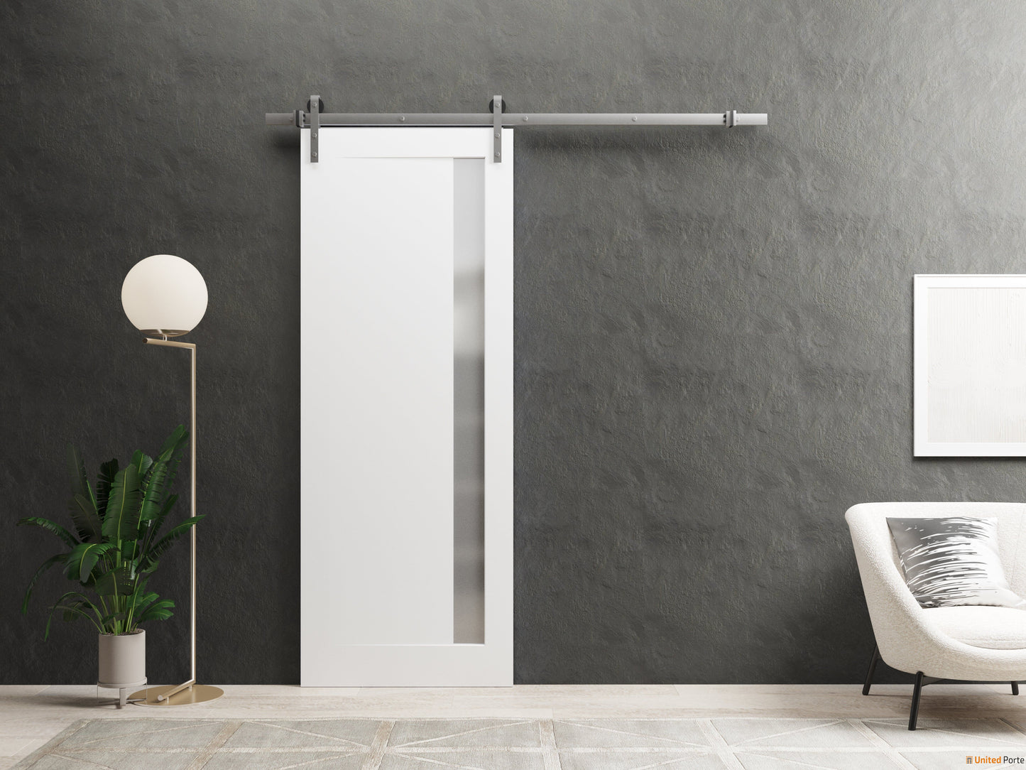 Planum 0660 Painted White Barn Door with Frosted Glass and Silver Rail