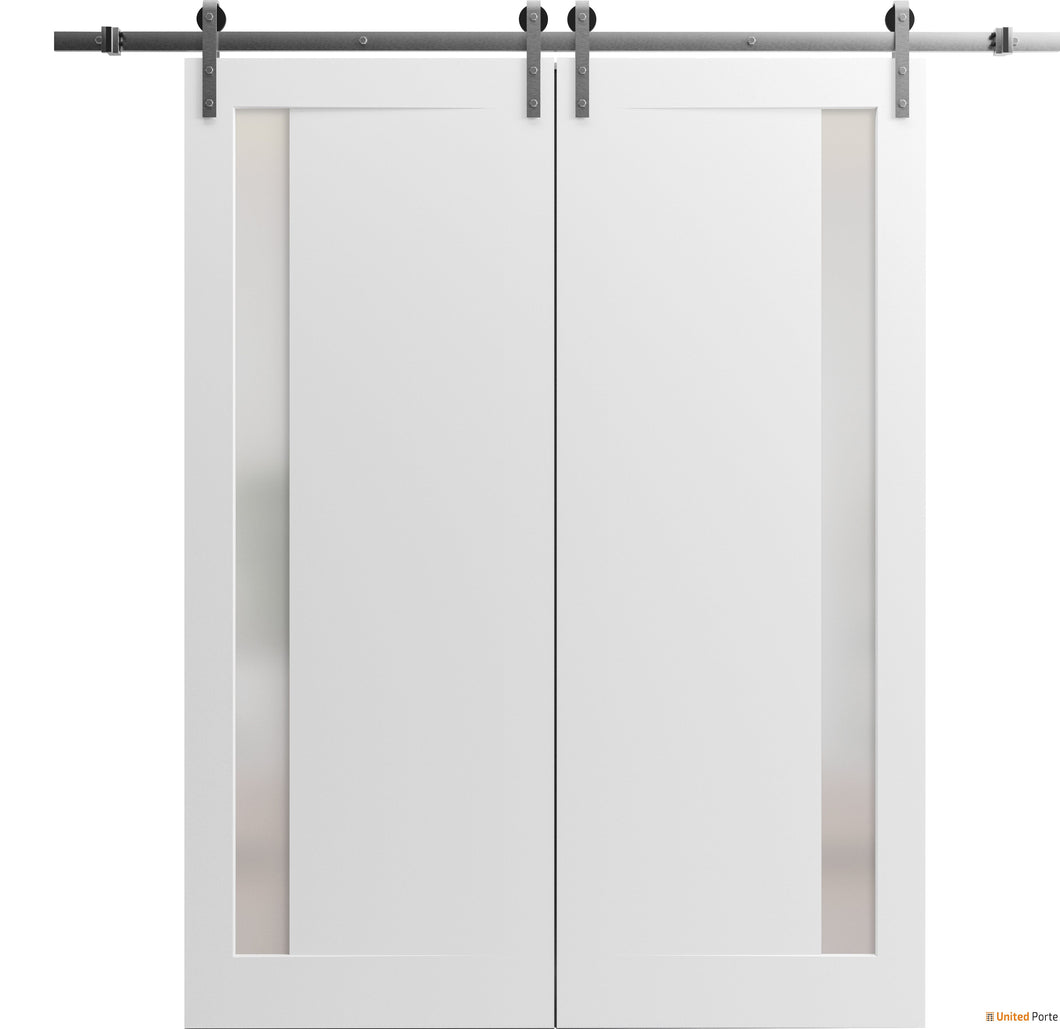 Planum 0660 Painted White Double Barn Door with Frosted Glass and Silver Rail