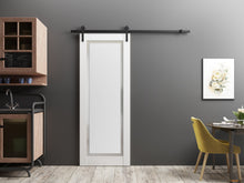 Load image into Gallery viewer, Planum 0888 Painted White Barn Door with Frosted Glass and Black Rail