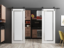 Load image into Gallery viewer, Planum 0888 Painted White Double Barn Door with Frosted Glass and Black Rail