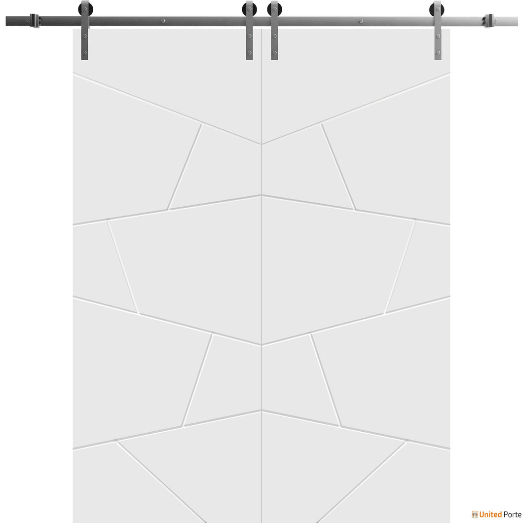 Planum 0990 Painted White Matte Double Barn Door and Silver Rail
