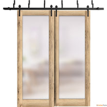 Load image into Gallery viewer, Planum 2102 Oak Double Barn Door with Frosted Glass and Black Bypass Rail