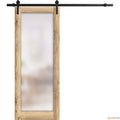 Planum 2102 Oak Barn Door with Frosted Glass and Black Rail