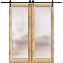 Load image into Gallery viewer, Planum 2102 Oak Double Barn Door with Frosted Glass and Black Rail