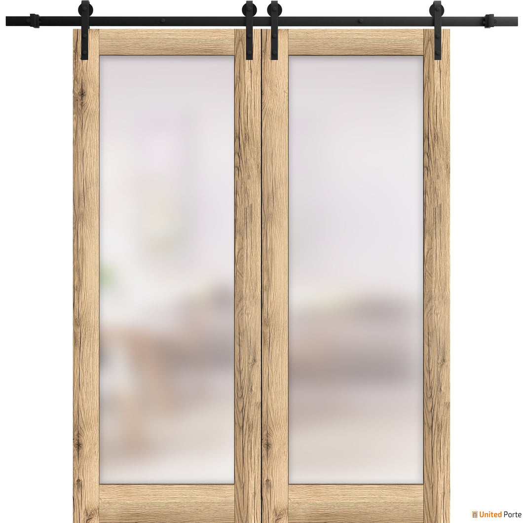 Planum 2102 Oak Double Barn Door with Frosted Glass and Black Rail