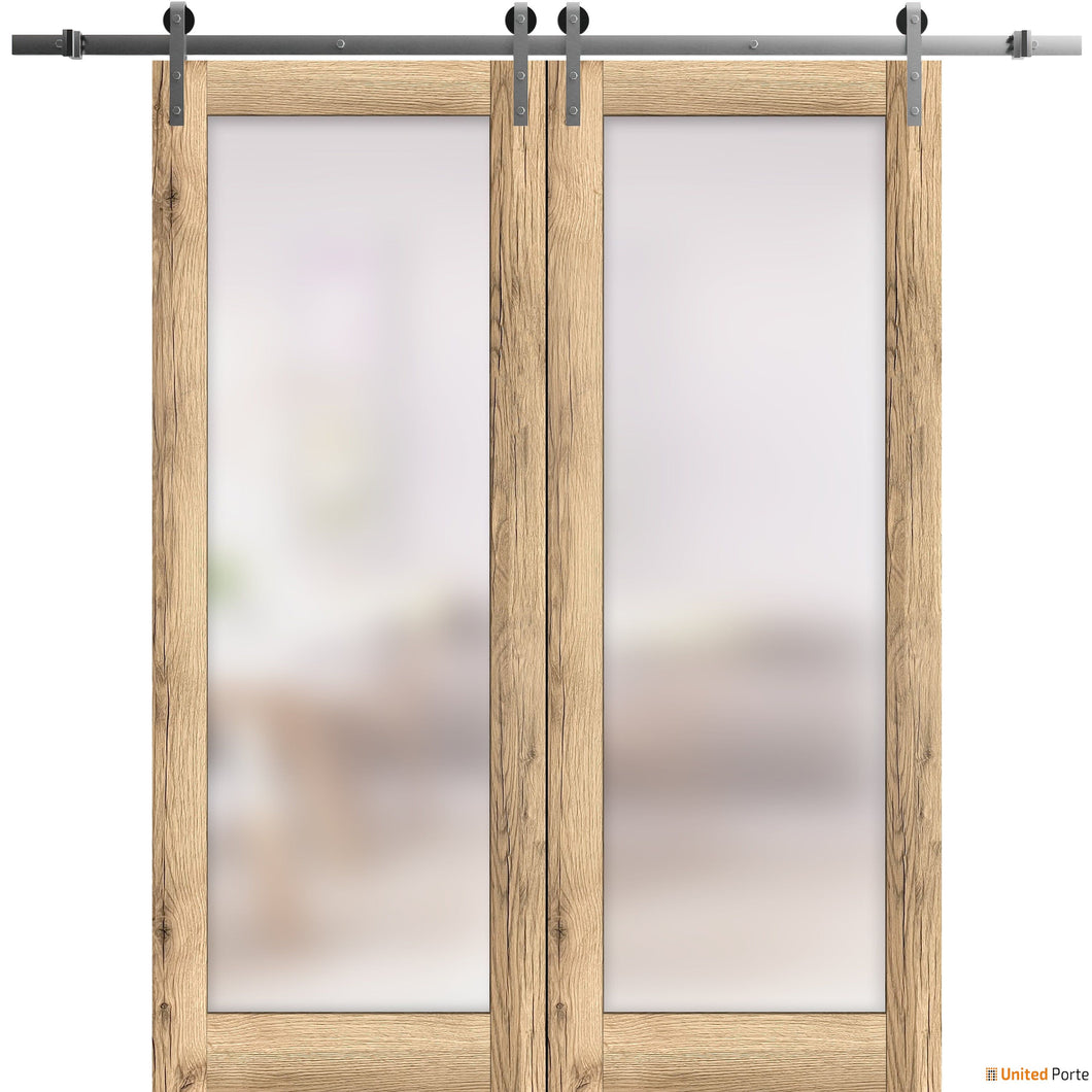 Planum 2102 Oak Double Barn Door with Frosted Glass and Silver Rail