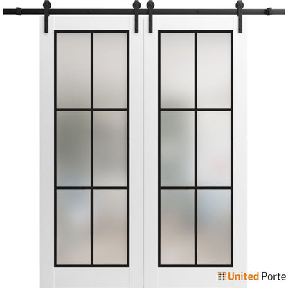 Lucia 2366 White Silk Double Barn Door with Clear Glass and Black Rail