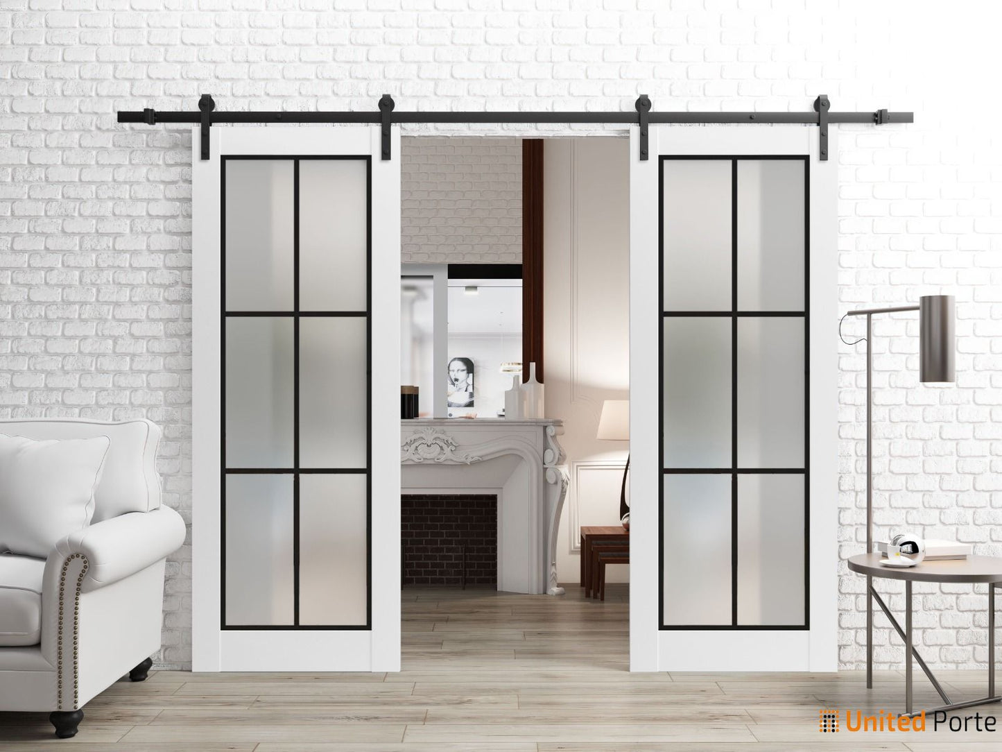 Lucia 2366 White Silk Double Barn Door with Clear Glass and Black Rail
