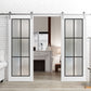 Lucia 2366 White Silk Double Barn Door with Clear Glass and Silver Rail