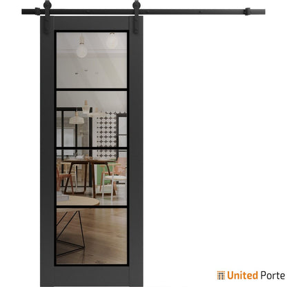 Lucia 2466 Matte Black Barn Door with Clear Glass and Black Rail