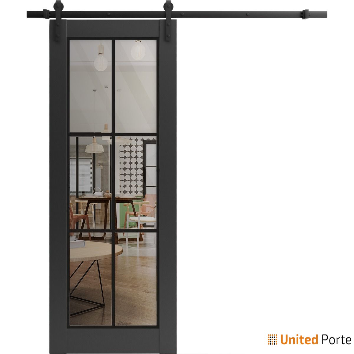 Lucia 2366 Matte Black Barn Door with Clear Glass and Black Rail