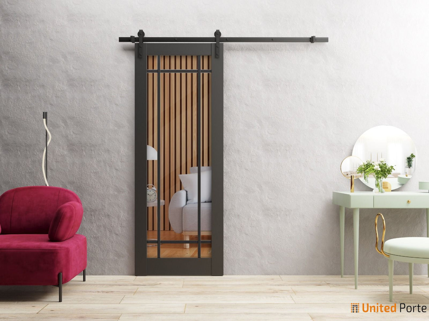 Lucia 2266 Matte Black Barn Door with Clear Glass and Black Rail