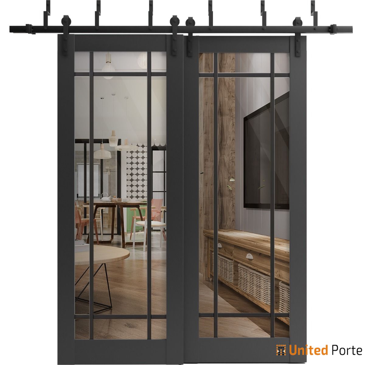 Lucia 2266 Matte Black Double Barn Door with Clear Glass and Black Bypass Rails