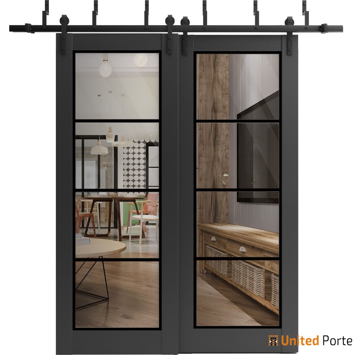 Lucia 2466 Matte Black Double Barn Door with Clear Glass and Black Bypass Rails