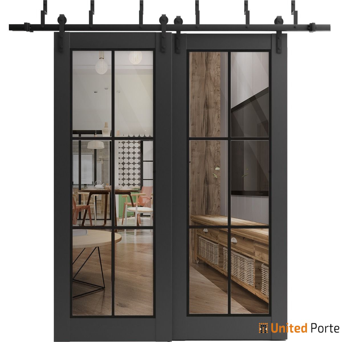 Lucia 2366 Matte Black Double Barn Door with Clear Glass and Black Bypass Rails