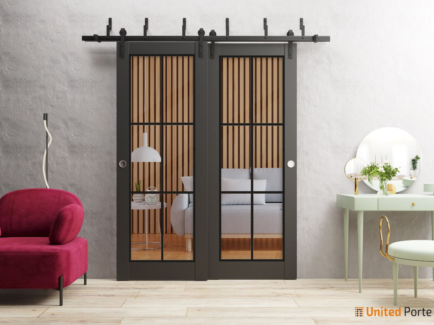 Lucia 2366 Matte Black Double Barn Door with Clear Glass and Black Bypass Rails