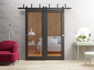 Lucia 2166 Matte Black Double Barn Door with Clear Glass and Black Bypass Rail