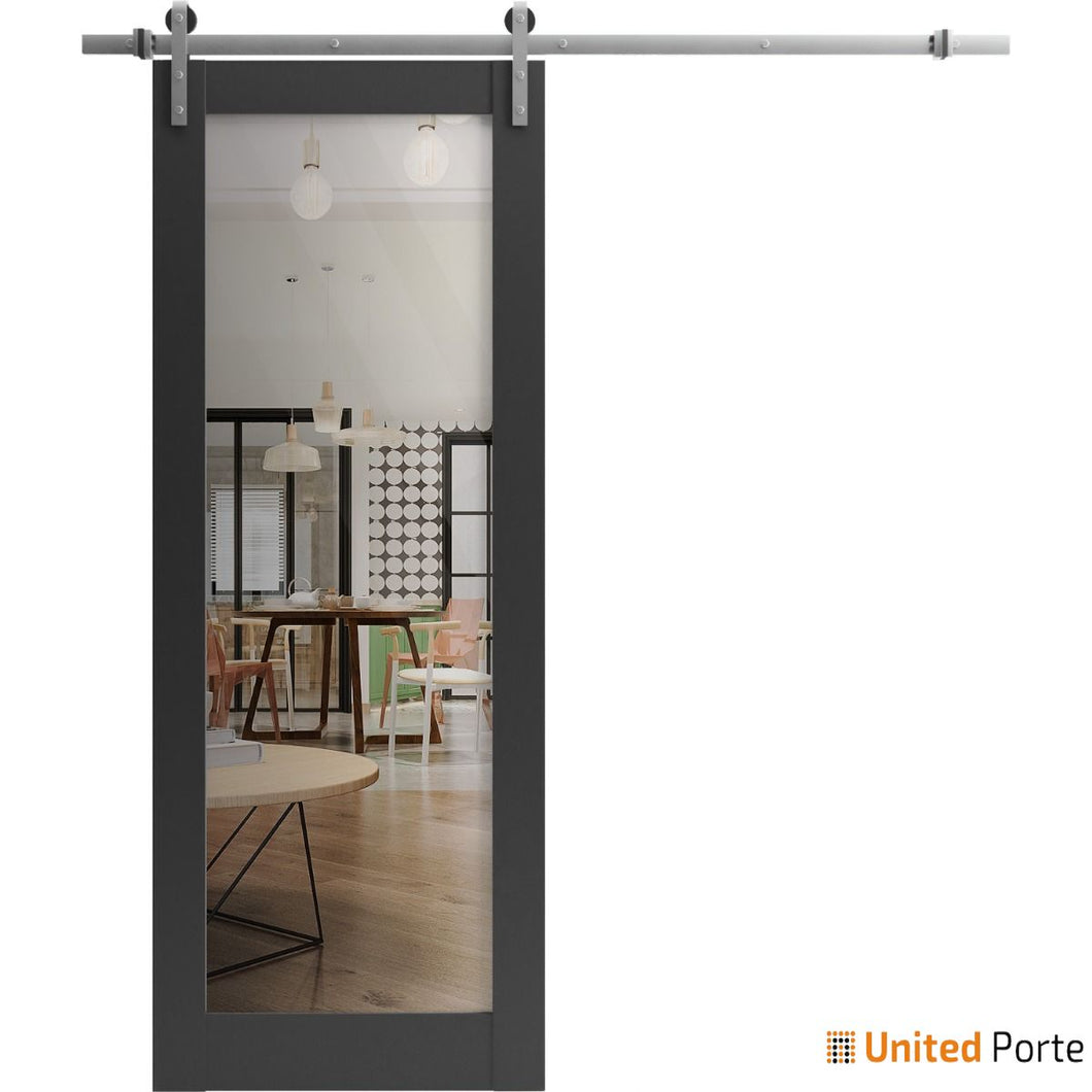 Lucia 2166 Matte Black Barn Door with Clear Glass and Silver Rail