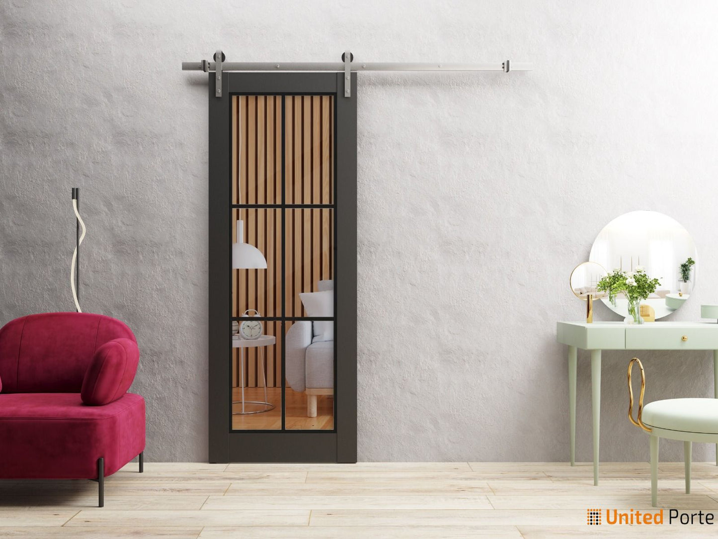 Lucia 2366 Matte Black Barn Door with Clear Glass and Silver Rail