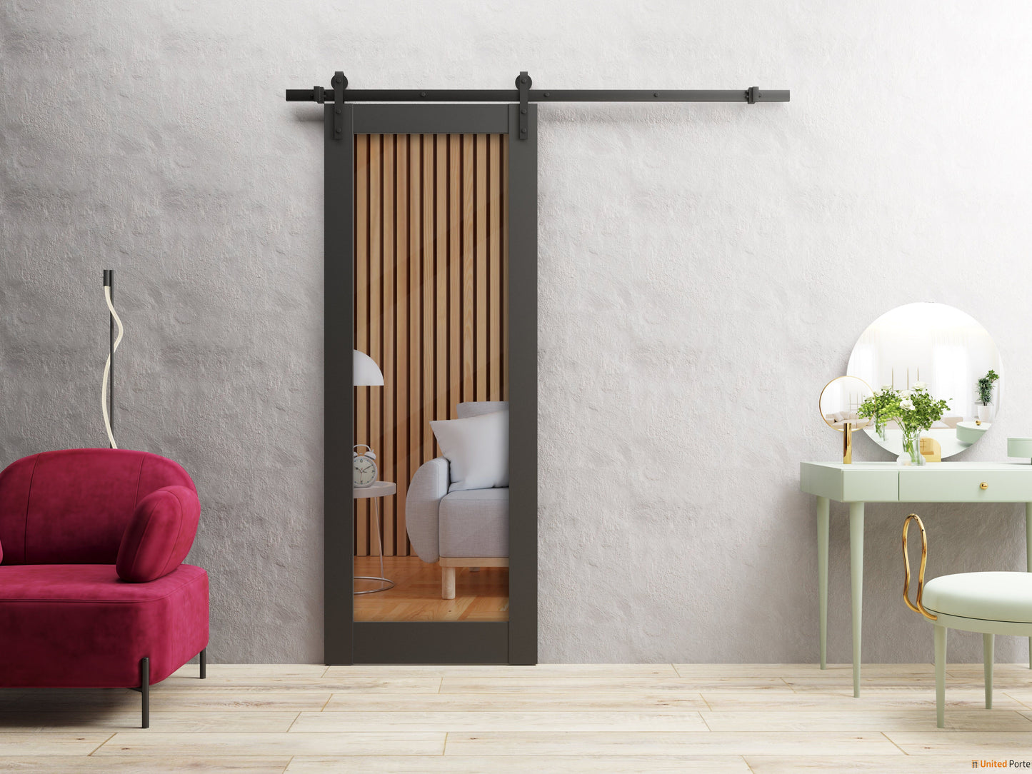 Lucia 2166 Matte Black Barn Door with Clear Glass and Black Rail