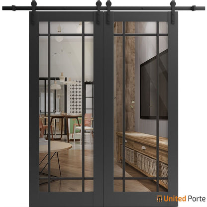 Lucia 2266 Matte Black Double Barn Door with Clear Glass and Black Rail