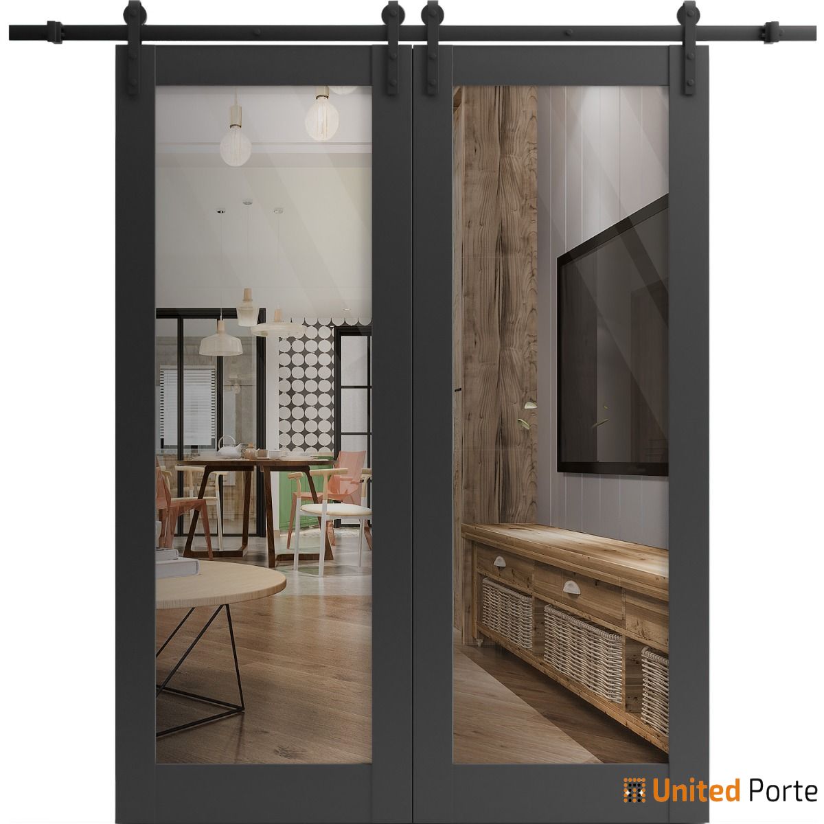 Lucia 2166 Matte Black Double Barn Door with Clear Glass and Black Rail