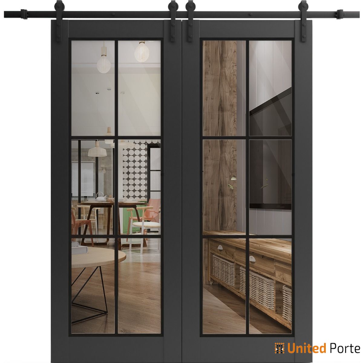 Lucia 2366 Matte Black Double Barn Door with Clear Glass and Black Rail