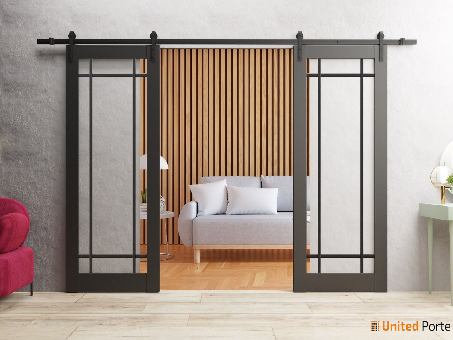 Lucia 2266 Matte Black Double Barn Door with Clear Glass and Black Rail