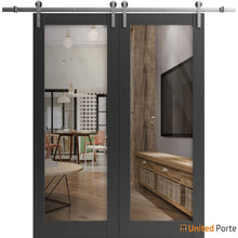 Load image into Gallery viewer, Lucia 2166 Matte Black Double Barn Door with Clear Glass and Silver Rail