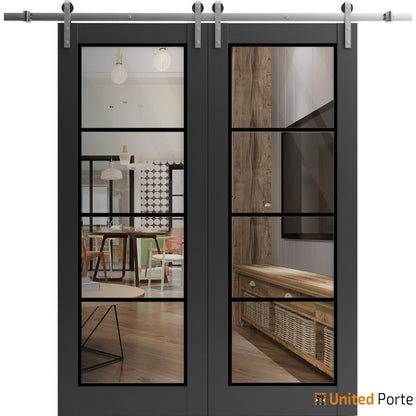 Lucia 2466 Matte Black Double Barn Door with Clear Glass and Silver Rail