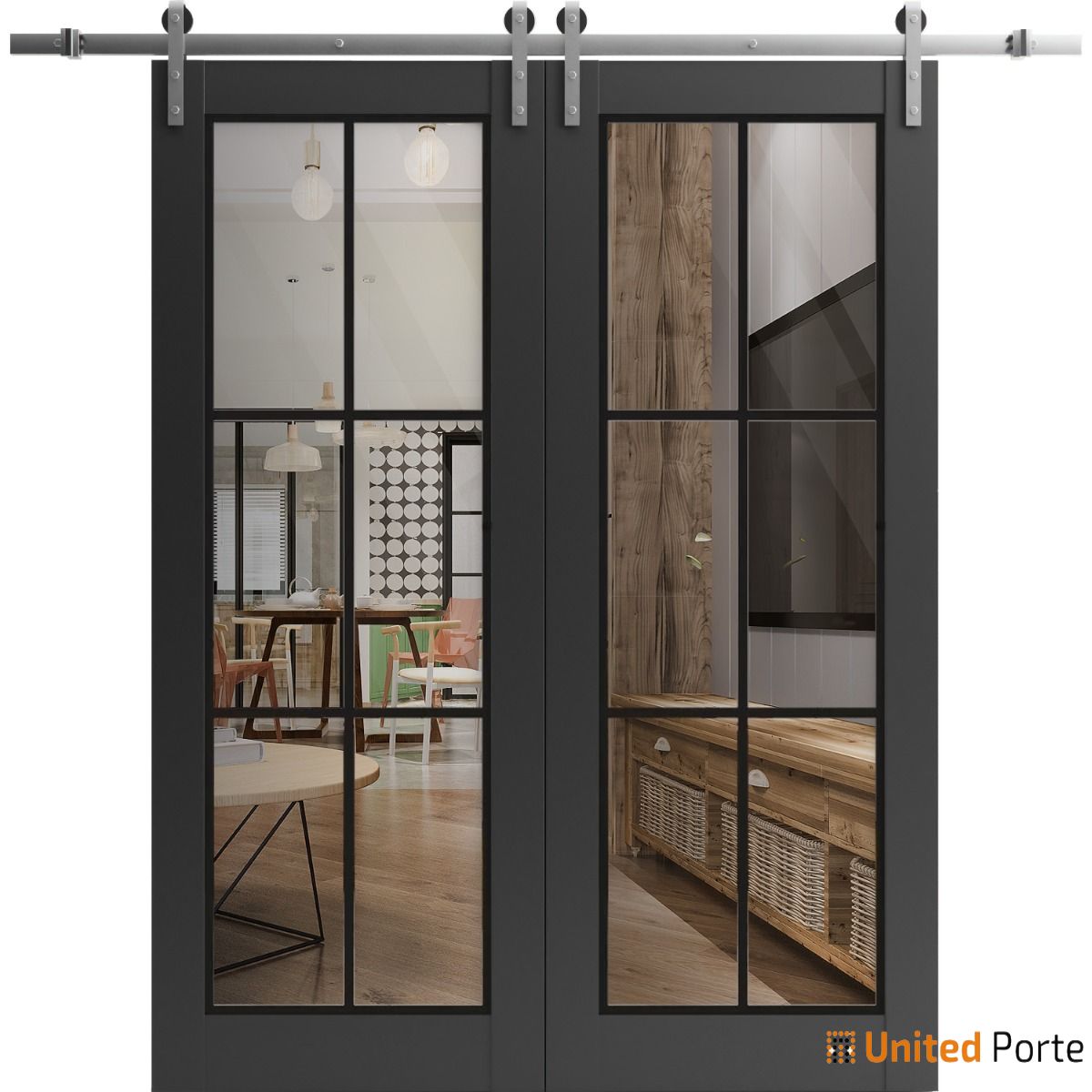 Lucia 2366 Matte Black Double Barn Door with Clear Glass and Silver Rail