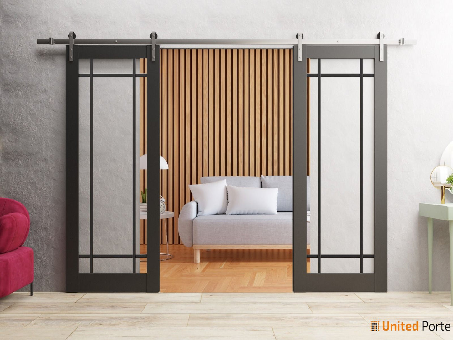 Lucia 2266 Matte Black Double Barn Door with Clear Glass and Silver Rail