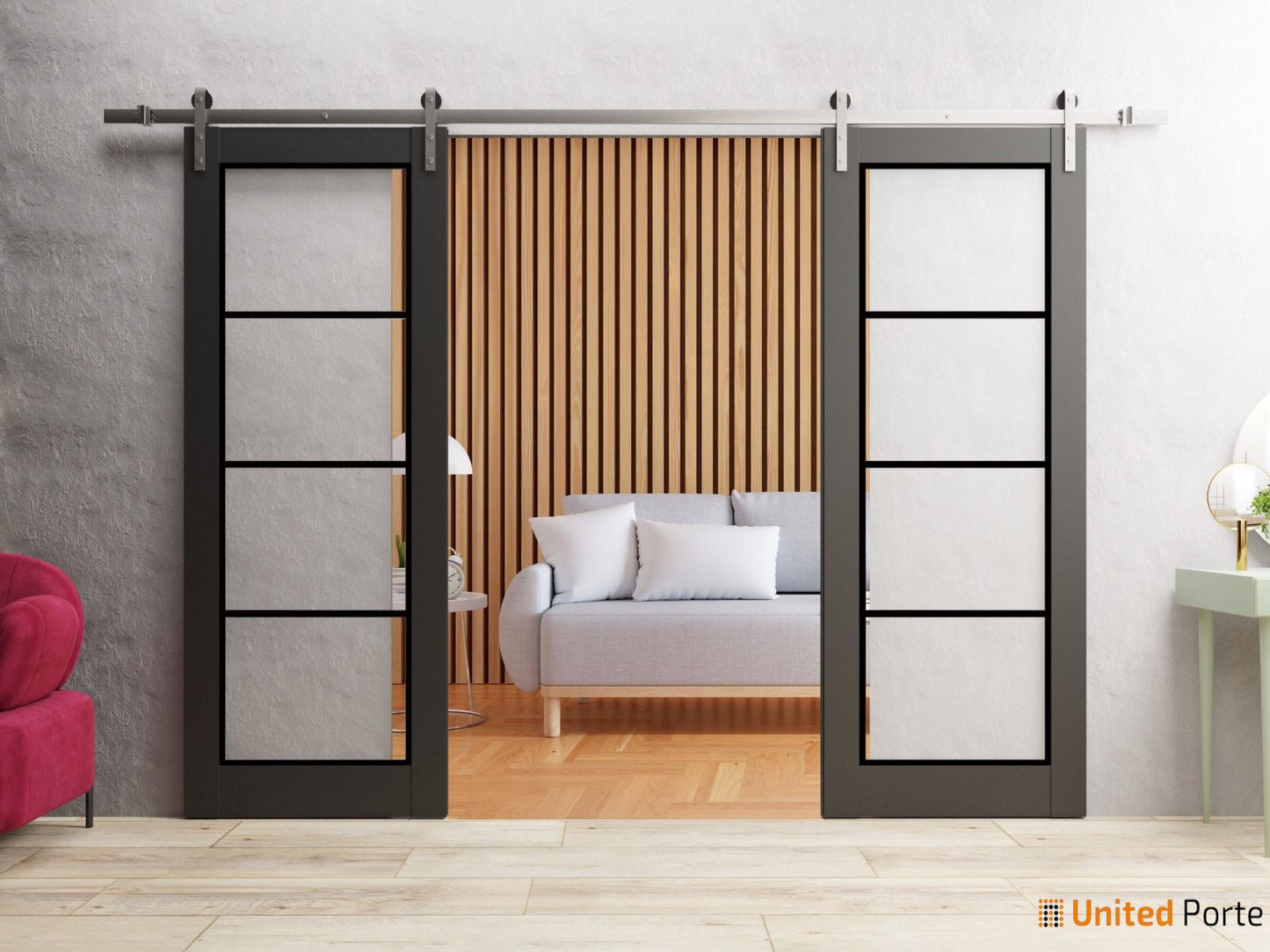 Lucia 2466 Matte Black Double Barn Door with Clear Glass and Silver Rail