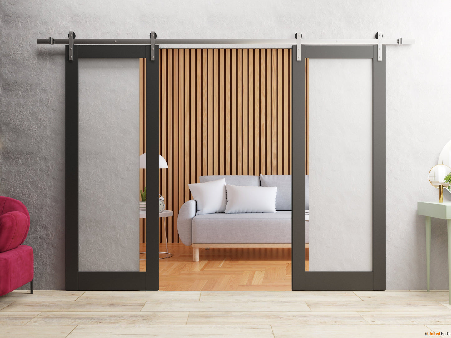 Lucia 2166 Matte Black Double Barn Door with Clear Glass and Silver Rail