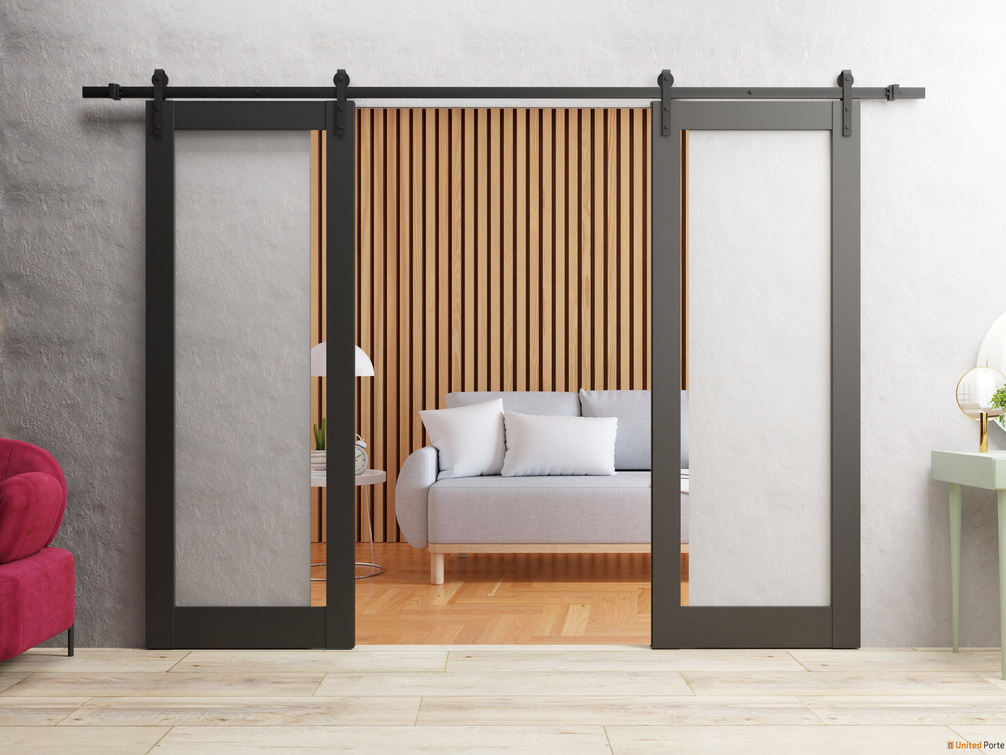 Lucia 2166 Matte Black Double Barn Door with Clear Glass and Black Rail