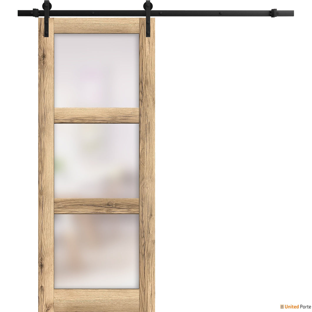 Lucia 2552 Oak Barn Door with Frosted Glass and Black Rail
