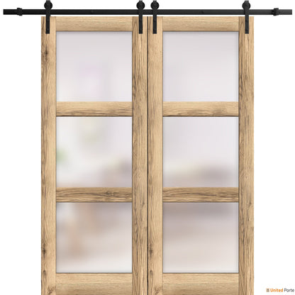 Lucia 2552 Oak Double Barn Door with Frosted Glass and Black Rail