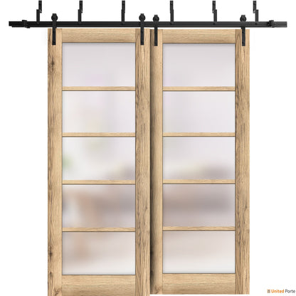 Quadro 4002 Oak Double Barn Door with Frosted Glass and Black Bypass Rail