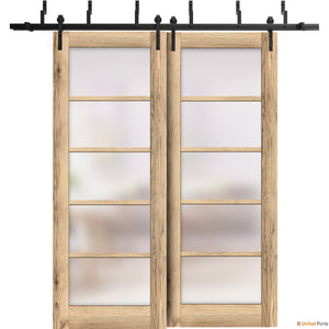 Quadro 4002 Oak Double Barn Door with Frosted Glass and Black Bypass Rail