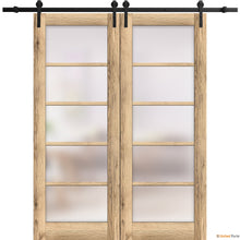 Load image into Gallery viewer, Quadro 4002 Oak Double Barn Door with Frosted Glass and Black Rail