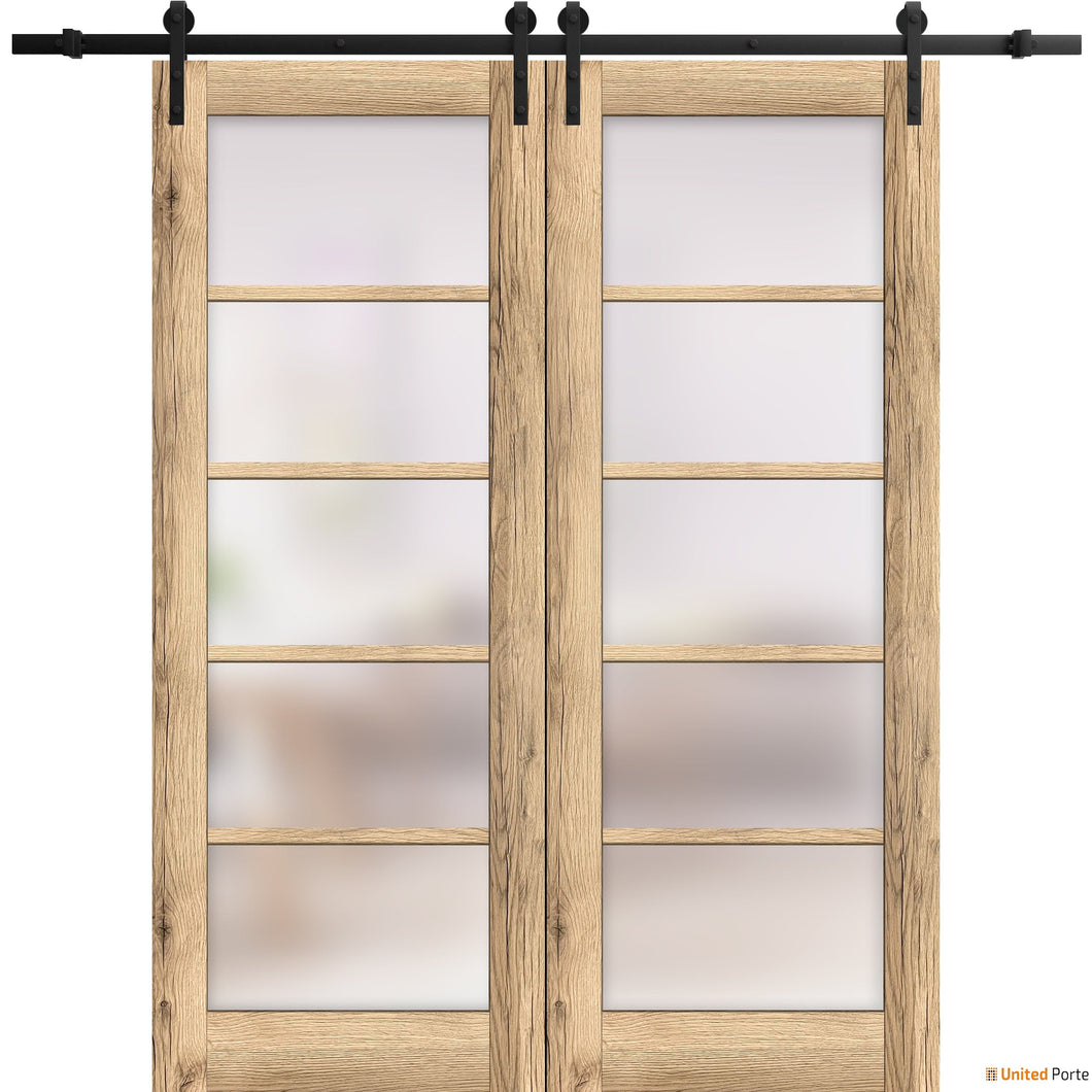 Quadro 4002 Oak Double Barn Door with Frosted Glass and Black Rail