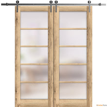 Load image into Gallery viewer, Quadro 4002 Oak Double Barn Door with Frosted Glass and Silver Rail
