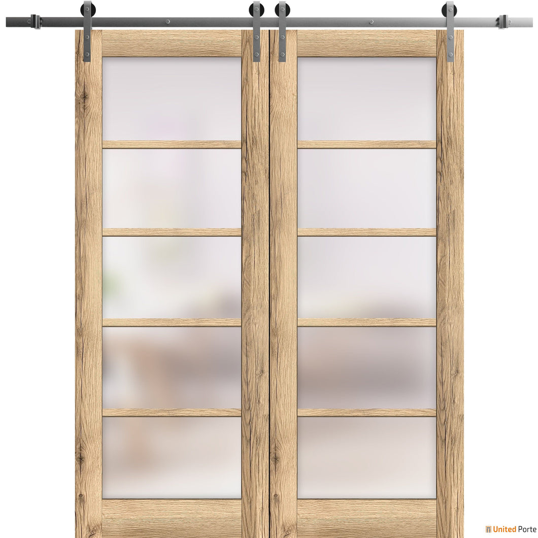 Quadro 4002 Oak Double Barn Door with Frosted Glass and Silver Rail