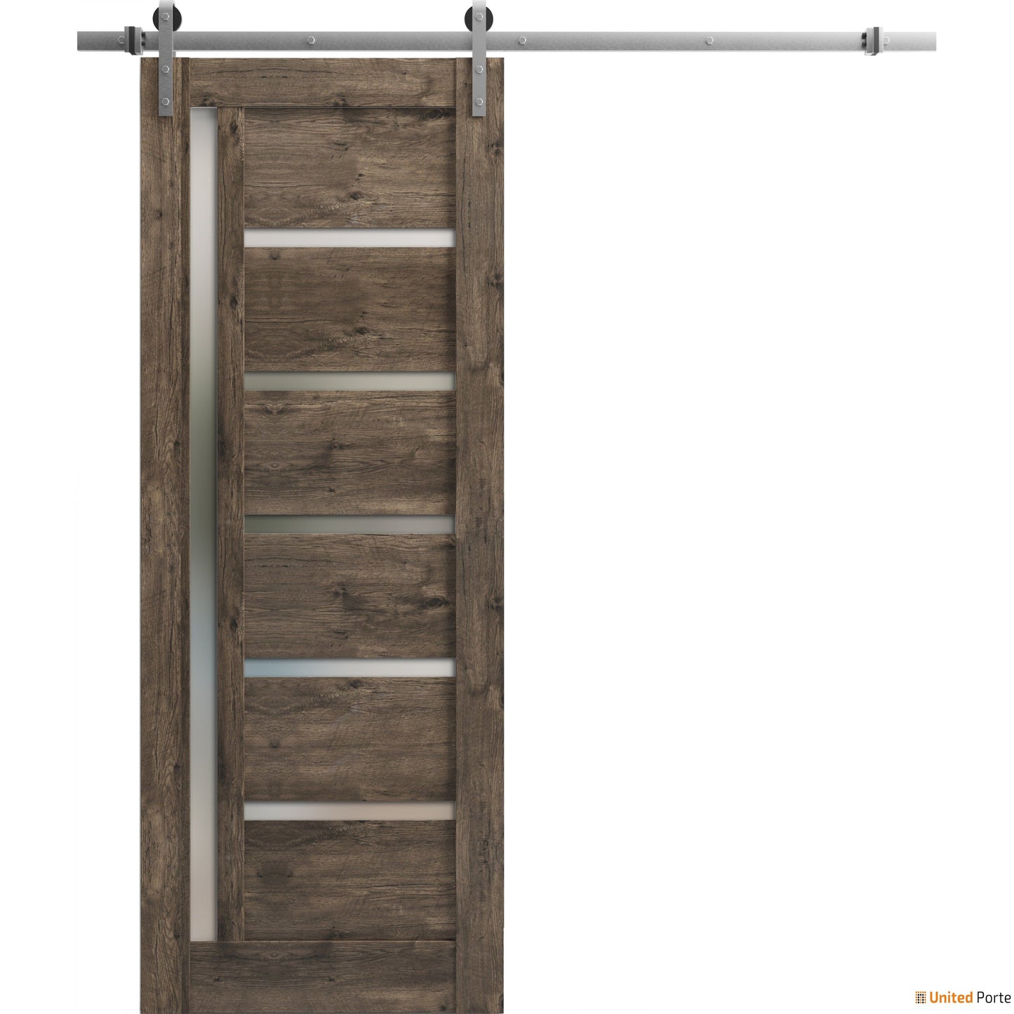 Quadro 4088 Cognac Oak Barn Door with Frosted Glass and Silver Finish Rail