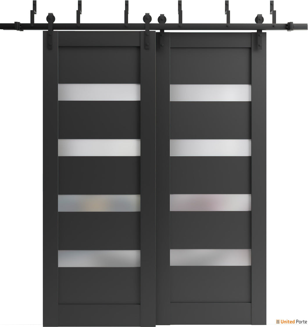 Quadro 4113 Matte Black Double Barn Door with Frosted Opaque Glass and Black Bypass Rail